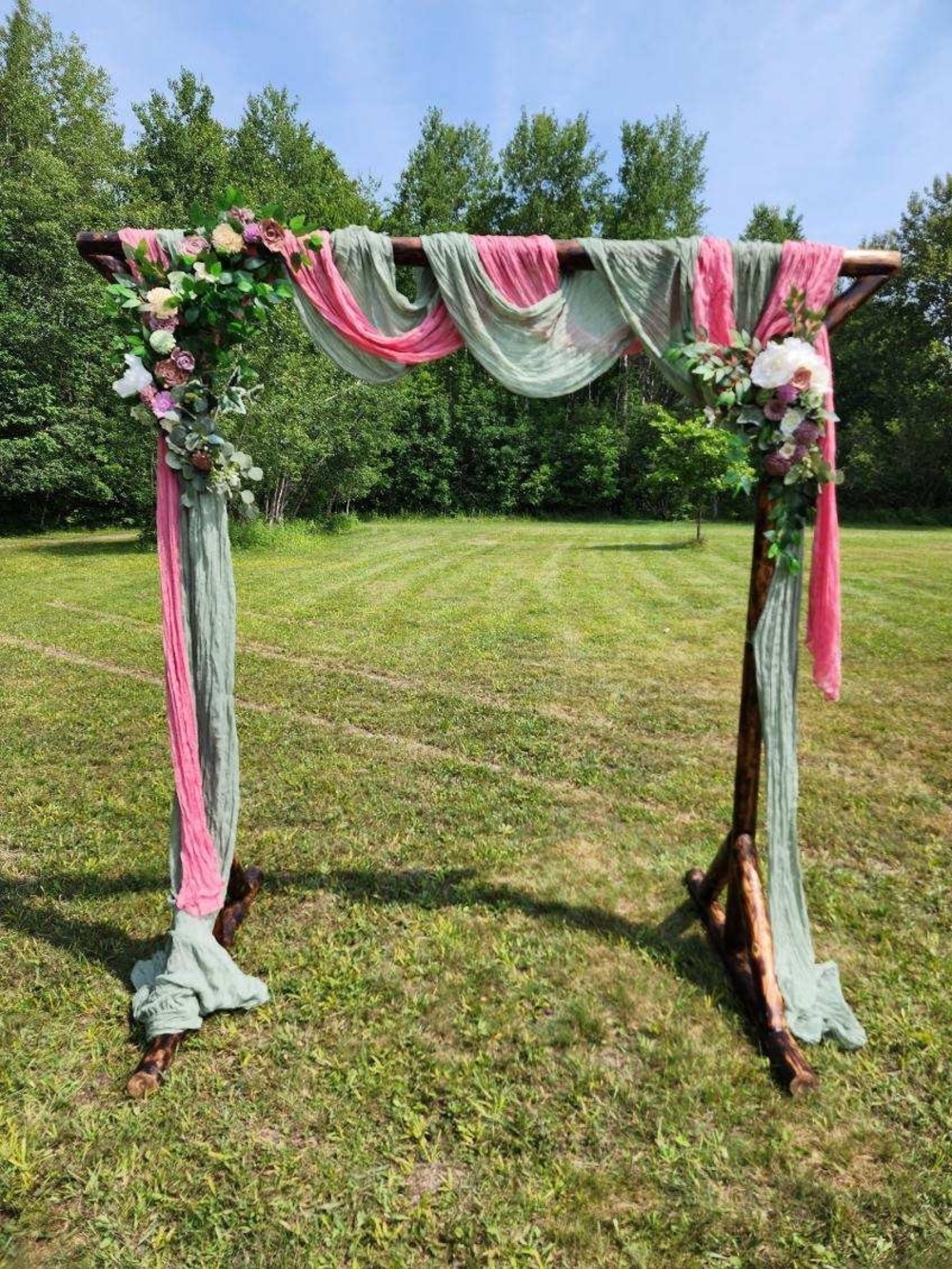 Rustic Wedding Arch Draped in Pink and Sage Green With 2 Corner Flower Swags - Picture 2 of 5
